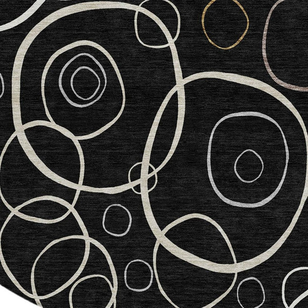 HomeRoots 8' Modern Geometric Washable Round Rug - Stylish Black, Ivory & Brown Design for Indoor/Outdoor Use 690803