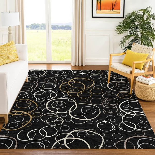 HomeRoots 8' X 10' Geometric Washable Area Rug in Black, Ivory & Brown – Durable, Stylish, Indoor/Outdoor Use! 690804