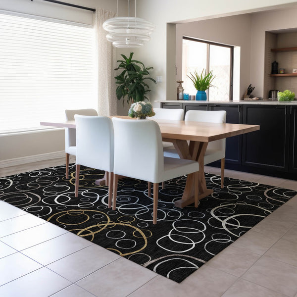 HomeRoots 8' X 10' Geometric Washable Area Rug in Black, Ivory & Brown – Durable, Stylish, Indoor/Outdoor Use! 690804
