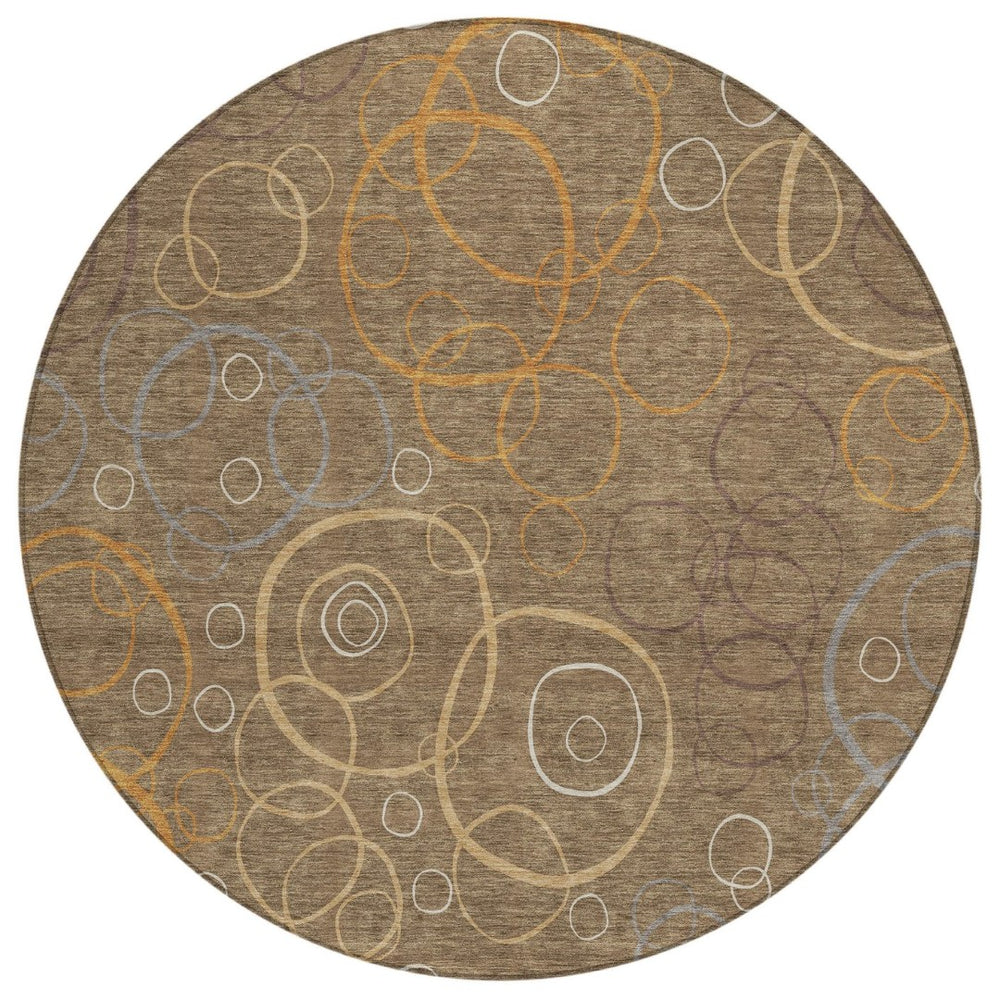 HomeRoots 8' Round Geometric Area Rug in Brown, Copper & Ivory - Washable, Durable & Stylish for Indoor/Outdoor Use 690809