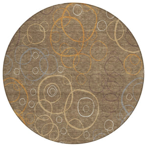HomeRoots 8' Round Geometric Area Rug in Brown, Copper & Ivory - Washable, Durable & Stylish for Indoor/Outdoor Use 690809
