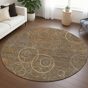 HomeRoots 8' Round Geometric Area Rug in Brown, Copper & Ivory - Washable, Durable & Stylish for Indoor/Outdoor Use 690809