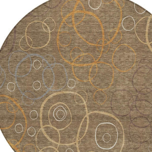 HomeRoots 8' Round Geometric Area Rug in Brown, Copper & Ivory - Washable, Durable & Stylish for Indoor/Outdoor Use 690809