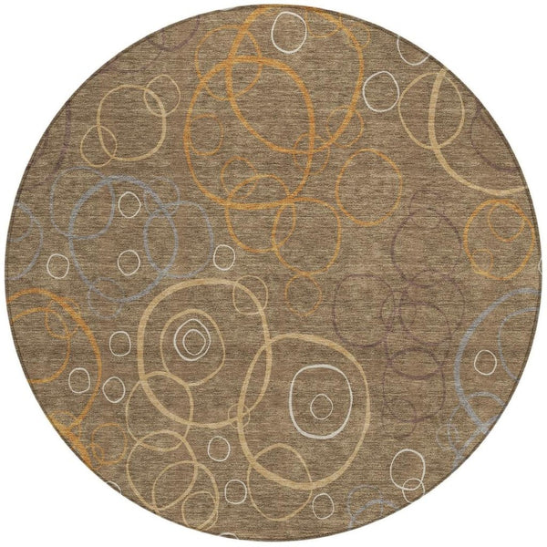 HomeRoots 8' Round Geometric Area Rug in Brown, Copper & Ivory - Washable, Durable & Stylish for Indoor/Outdoor Use 690809