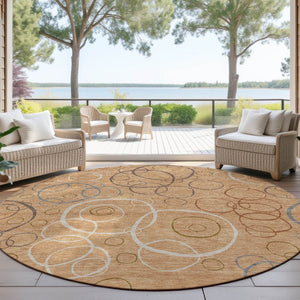 HomeRoots 8' Stylish Copper, Silver & Rust Round Geometric Area Rug – Washable, Durable for Indoor/Outdoor Use 690815