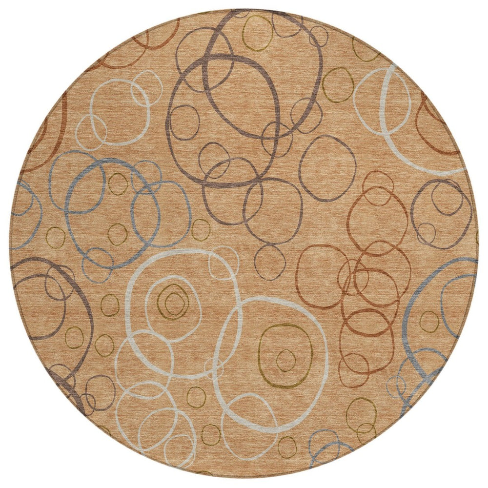 HomeRoots 8' Stylish Copper, Silver & Rust Round Geometric Area Rug – Washable, Durable for Indoor/Outdoor Use 690815