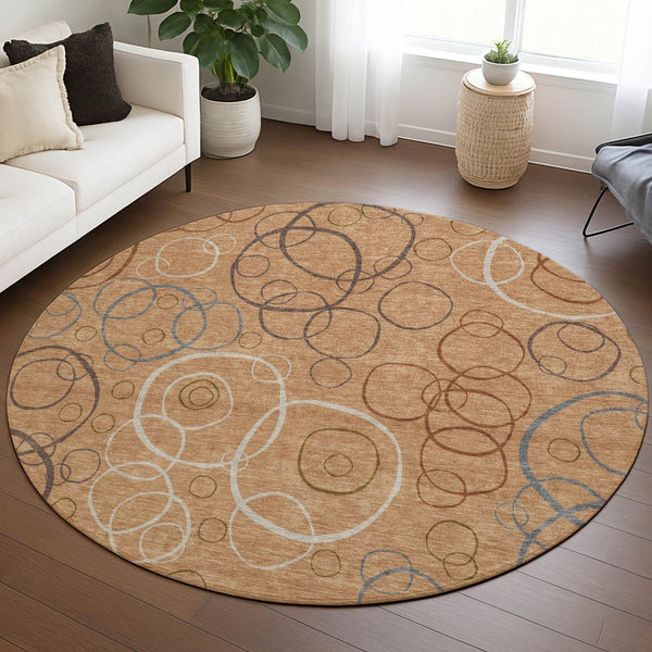 HomeRoots 8' Stylish Copper, Silver & Rust Round Geometric Area Rug – Washable, Durable for Indoor/Outdoor Use 690815
