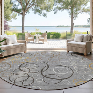 HomeRoots 8' Modern Gray Silver & Black Round Geometric Washable Area Rug for Indoor & Outdoor Spaces 690821
