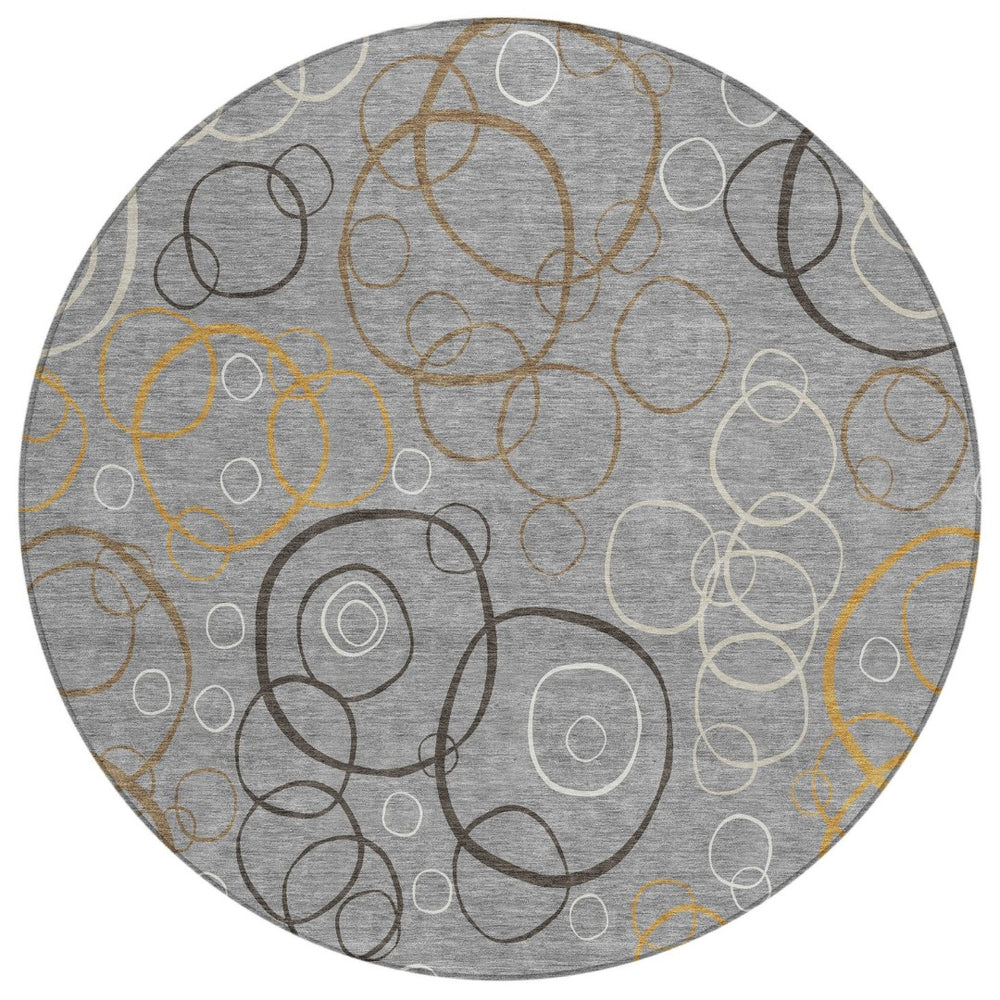 HomeRoots 8' Modern Gray Silver & Black Round Geometric Washable Area Rug for Indoor & Outdoor Spaces 690821