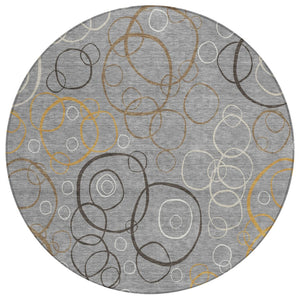 HomeRoots 8' Modern Gray Silver & Black Round Geometric Washable Area Rug for Indoor & Outdoor Spaces 690821