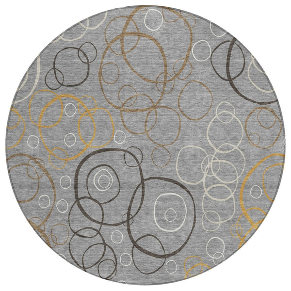 HomeRoots 8' Modern Gray Silver & Black Round Geometric Washable Area Rug for Indoor & Outdoor Spaces 690821