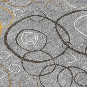 HomeRoots 8' Modern Gray Silver & Black Round Geometric Washable Area Rug for Indoor & Outdoor Spaces 690821