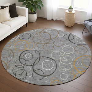 HomeRoots 8' Modern Gray Silver & Black Round Geometric Washable Area Rug for Indoor & Outdoor Spaces 690821