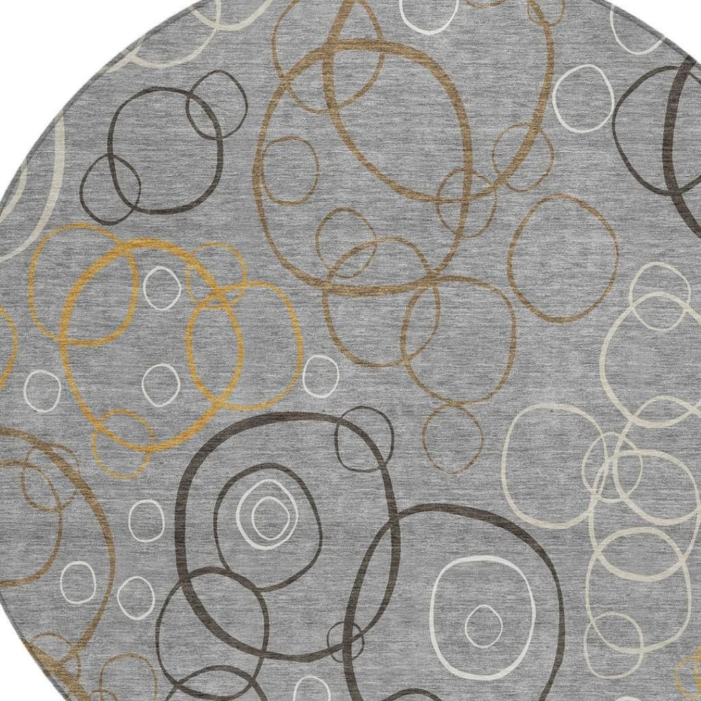 HomeRoots 8' Modern Gray Silver & Black Round Geometric Washable Area Rug for Indoor & Outdoor Spaces 690821