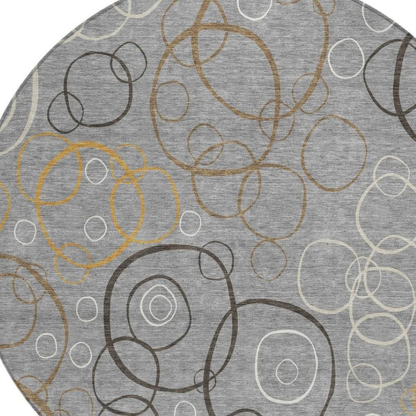HomeRoots 8' Modern Gray Silver & Black Round Geometric Washable Area Rug for Indoor & Outdoor Spaces 690821