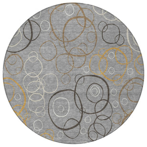 HomeRoots 8' Modern Gray Silver & Black Round Geometric Washable Area Rug for Indoor & Outdoor Spaces 690821
