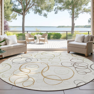 HomeRoots 8' Stylish Geometric Ivory Gray Walnut Round Indoor Outdoor Washable Area Rug for Versatile Spaces 690827