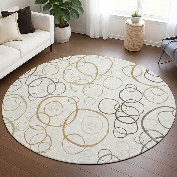HomeRoots 8' Stylish Geometric Ivory Gray Walnut Round Indoor Outdoor Washable Area Rug for Versatile Spaces 690827