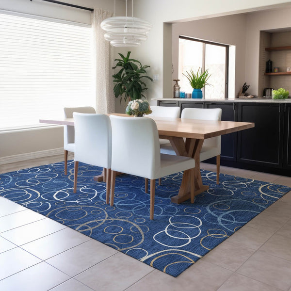 HomeRoots 5' X 8' Stylish Navy Blue Geometric Washable Area Rug for Indoor/Outdoor - Durable & Easy Care 690832