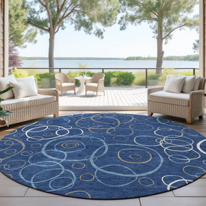 HomeRoots 8' Navy Blue Geometric Round Area Rug - Washable, Durable, Indoor/Outdoor, Modern Design for Any Space 690833