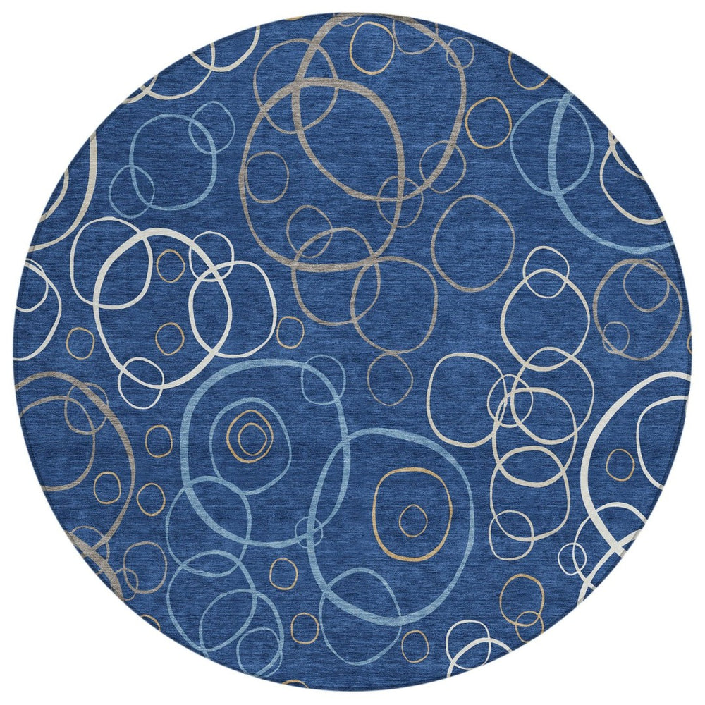 HomeRoots 8' Navy Blue Geometric Round Area Rug - Washable, Durable, Indoor/Outdoor, Modern Design for Any Space 690833