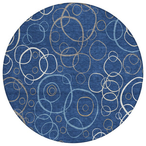 HomeRoots 8' Navy Blue Geometric Round Area Rug - Washable, Durable, Indoor/Outdoor, Modern Design for Any Space 690833