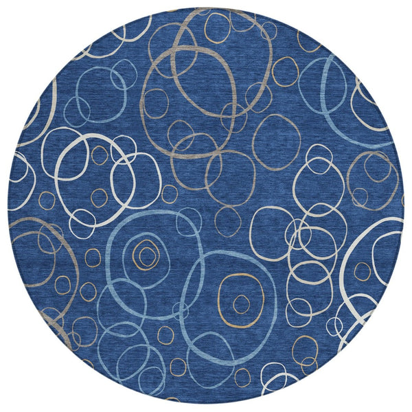 HomeRoots 8' Navy Blue Geometric Round Area Rug - Washable, Durable, Indoor/Outdoor, Modern Design for Any Space 690833