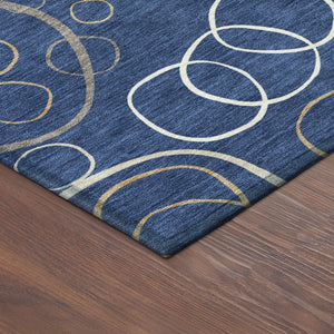 HomeRoots 8' Navy Blue Geometric Round Area Rug - Washable, Durable, Indoor/Outdoor, Modern Design for Any Space 690833