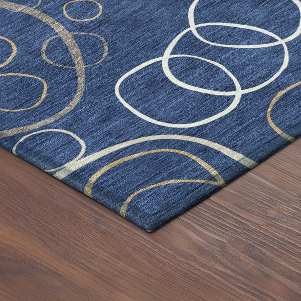 HomeRoots 8' Navy Blue Geometric Round Area Rug - Washable, Durable, Indoor/Outdoor, Modern Design for Any Space 690833