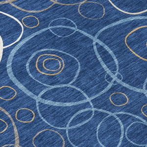 HomeRoots 8' Navy Blue Geometric Round Area Rug - Washable, Durable, Indoor/Outdoor, Modern Design for Any Space 690833