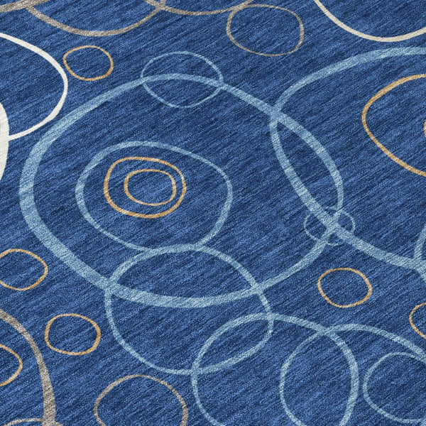 HomeRoots 8' Navy Blue Geometric Round Area Rug - Washable, Durable, Indoor/Outdoor, Modern Design for Any Space 690833