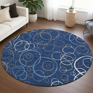 HomeRoots 8' Navy Blue Geometric Round Area Rug - Washable, Durable, Indoor/Outdoor, Modern Design for Any Space 690833