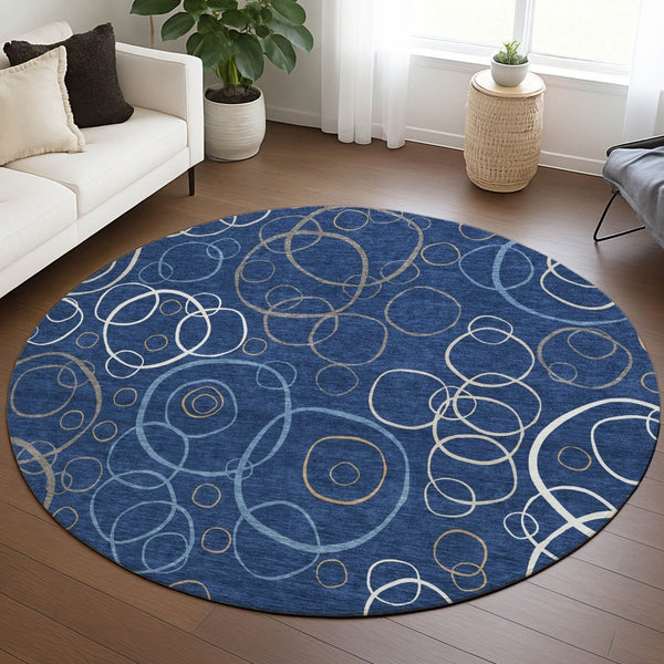 HomeRoots 8' Navy Blue Geometric Round Area Rug - Washable, Durable, Indoor/Outdoor, Modern Design for Any Space 690833