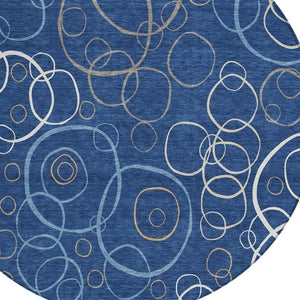 HomeRoots 8' Navy Blue Geometric Round Area Rug - Washable, Durable, Indoor/Outdoor, Modern Design for Any Space 690833