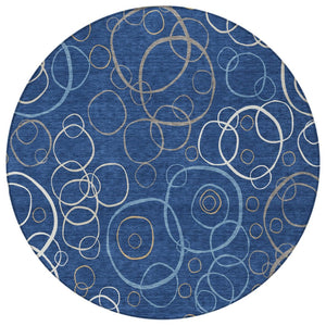 HomeRoots 8' Navy Blue Geometric Round Area Rug - Washable, Durable, Indoor/Outdoor, Modern Design for Any Space 690833