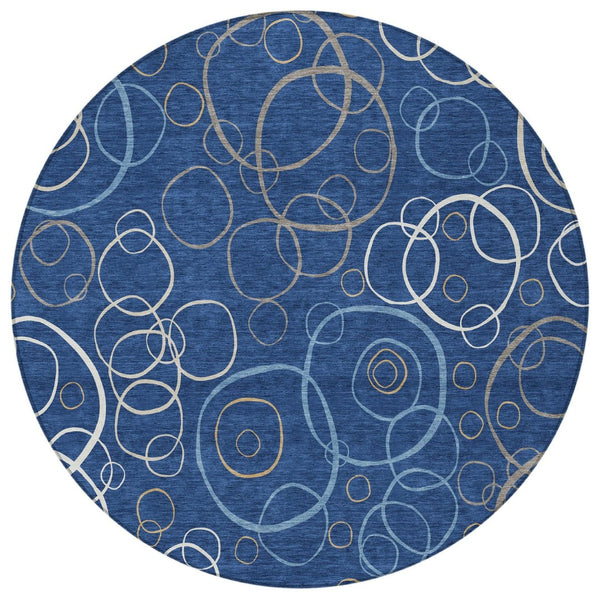 HomeRoots 8' Navy Blue Geometric Round Area Rug - Washable, Durable, Indoor/Outdoor, Modern Design for Any Space 690833