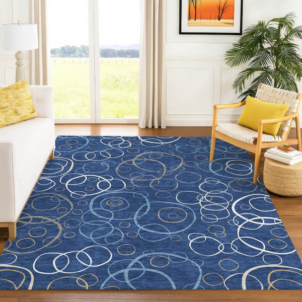 HomeRoots 8' X 10' Navy Blue Geometric Area Rug - Stylish, Washable & Durable for Indoor/Outdoor Spaces 690834