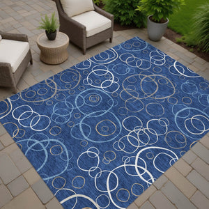 HomeRoots 10' Navy Blue Ivory Brown Geometric Washable Area Rug for Indoor Outdoor Use - Durable & Stylish! 690836