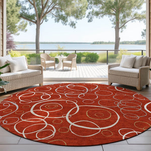 HomeRoots 8' Red And Ivory Round Geometric Area Rug - Durable, Washable Design for Indoor & Outdoor Spaces 690839