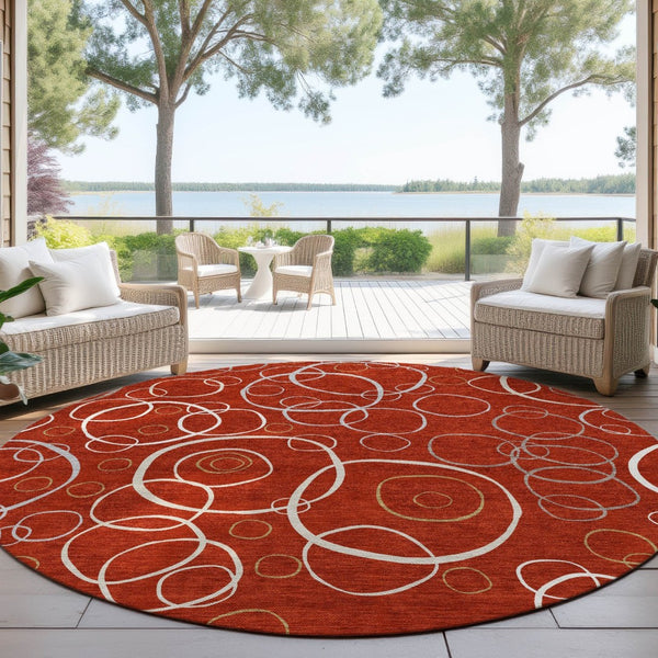 HomeRoots 8' Red And Ivory Round Geometric Area Rug - Durable, Washable Design for Indoor & Outdoor Spaces 690839