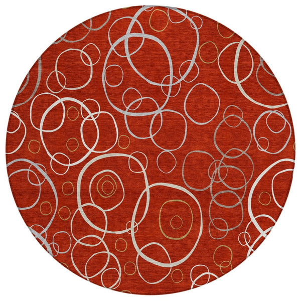 HomeRoots 8' Red And Ivory Round Geometric Area Rug - Durable, Washable Design for Indoor & Outdoor Spaces 690839