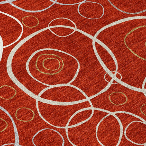 HomeRoots 8' Red And Ivory Round Geometric Area Rug - Durable, Washable Design for Indoor & Outdoor Spaces 690839