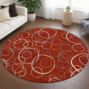 HomeRoots 8' Red And Ivory Round Geometric Area Rug - Durable, Washable Design for Indoor & Outdoor Spaces 690839