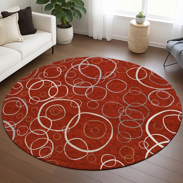 HomeRoots 8' Red And Ivory Round Geometric Area Rug - Durable, Washable Design for Indoor & Outdoor Spaces 690839