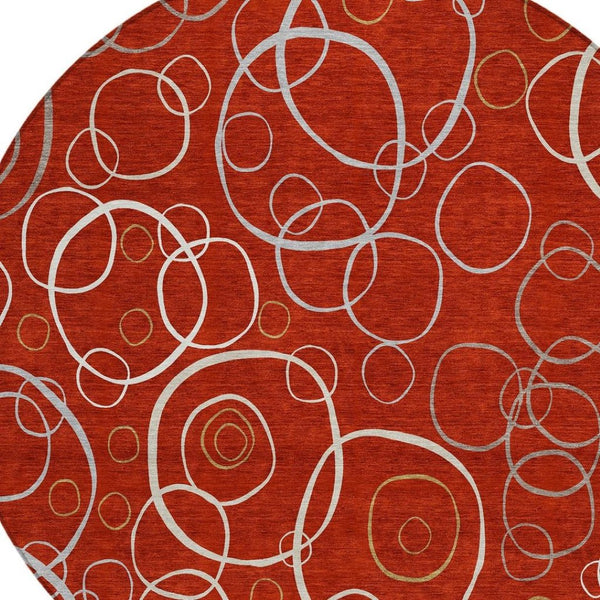 HomeRoots 8' Red And Ivory Round Geometric Area Rug - Durable, Washable Design for Indoor & Outdoor Spaces 690839