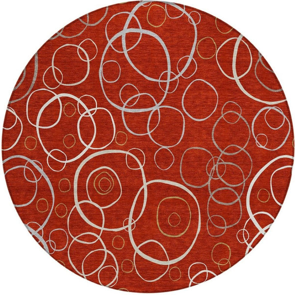 HomeRoots 8' Red And Ivory Round Geometric Area Rug - Durable, Washable Design for Indoor & Outdoor Spaces 690839