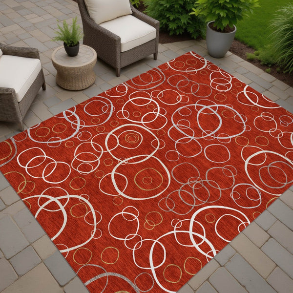 HomeRoots 10' Red and Ivory Geometric Washable Area Rug – Versatile Indoor Outdoor Decor for High-Traffic Spaces 690842