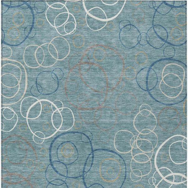 HomeRoots 5' Stylish Teal Blue Beige & Ivory Geometric Washable Area Rug - Perfect for Indoor & Outdoor Spaces! 690844