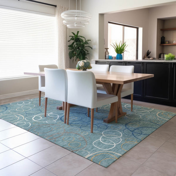 HomeRoots 5' Stylish Teal Blue Beige & Ivory Geometric Washable Area Rug - Perfect for Indoor & Outdoor Spaces! 690844