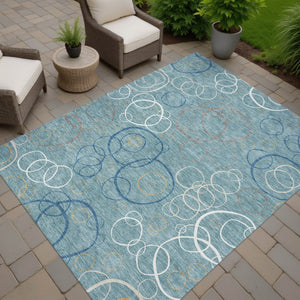 HomeRoots 5' Stylish Teal Blue Beige & Ivory Geometric Washable Area Rug - Perfect for Indoor & Outdoor Spaces! 690844